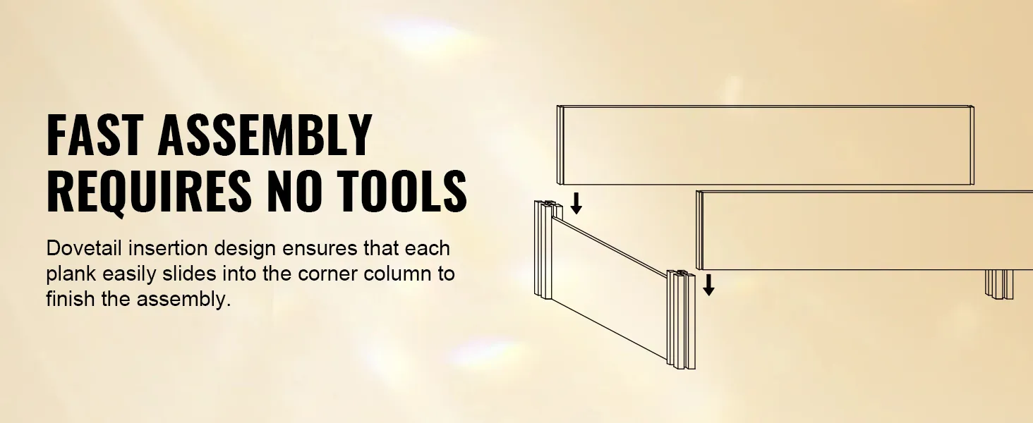 fast assembly of VEVOR raised garden bed with dovetail design requiring no tools.
