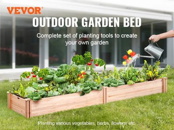 VEVOR raised garden bed with vegetables and flowers being watered, set in a green outdoor garden.