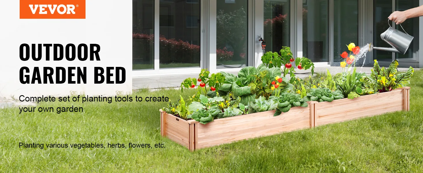 VEVOR raised garden bed with vegetables and flowers being watered, set in a green outdoor garden.