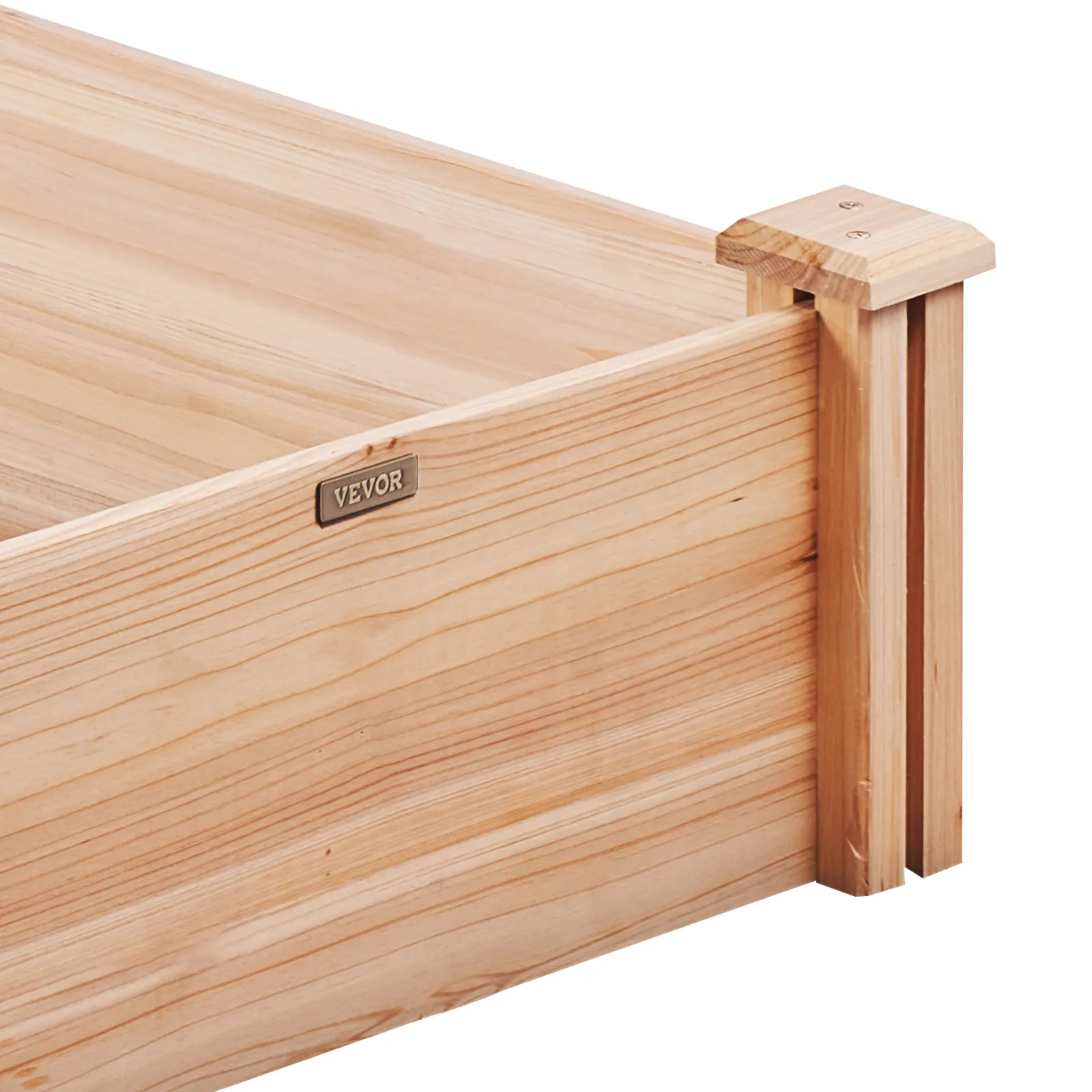 wooden VEVOR raised garden bed corner with engraved VEVOR plaque.
