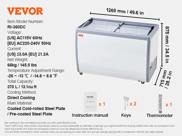 VEVOR ice cream display case with 370l capacity, direct cooling, and coated steel plate. includes keys, manual, thermometer.
