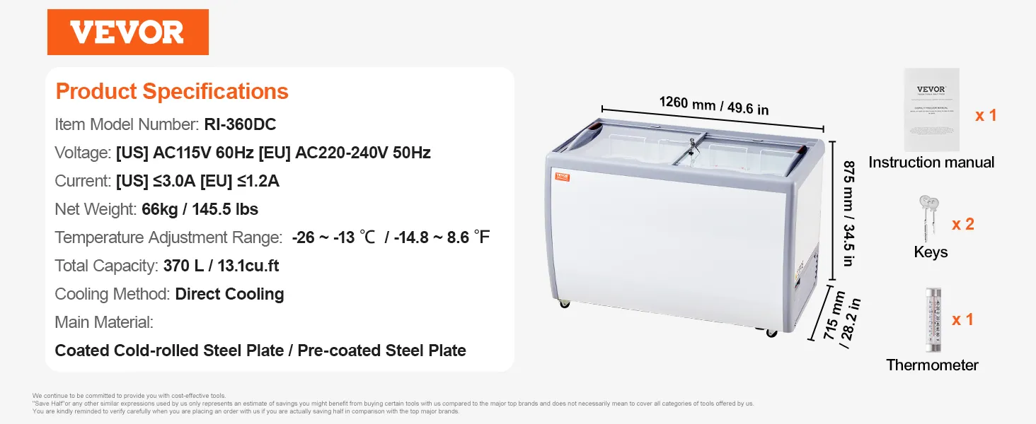 VEVOR ice cream display case with 370l capacity, direct cooling, and coated steel plate. includes keys, manual, thermometer.