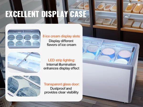 VEVOR ice cream display case with 8 slots, led lighting, and a transparent glass door for clear visibility.