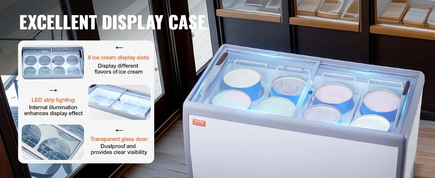 VEVOR ice cream display case with 8 slots, led lighting, and a transparent glass door for clear visibility.