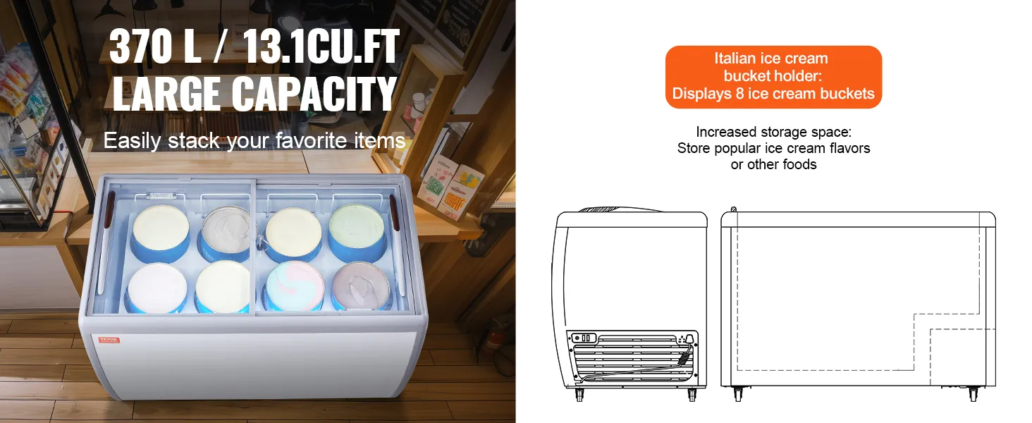 VEVOR ice cream display case showcasing 8 ice cream buckets with 370l large capacity, perfect for storage.