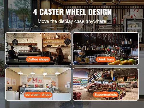 VEVOR ice cream display case with caster wheel design for coffee shops, drink bars, ice cream shops, and supermarkets.