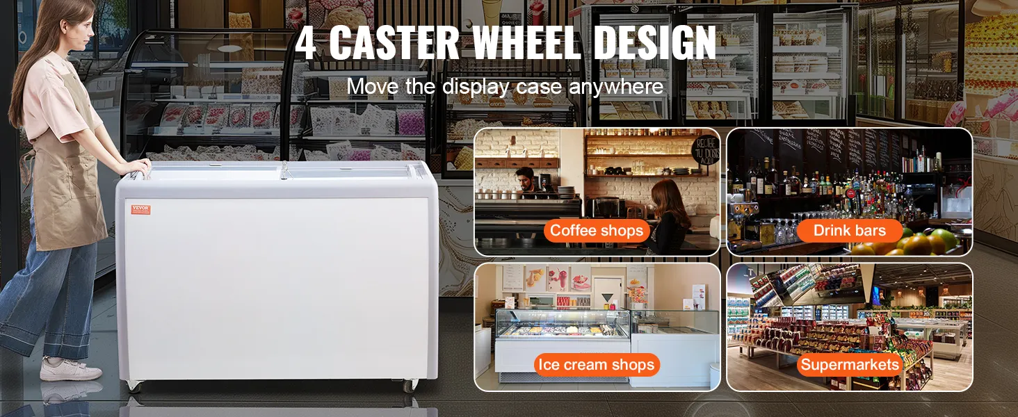 VEVOR ice cream display case with caster wheel design for coffee shops, drink bars, ice cream shops, and supermarkets.
