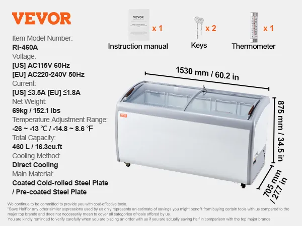 VEVOR ice cream display freezer specifications: 460l capacity, direct cooling, -26°c to -13°c temperature range.