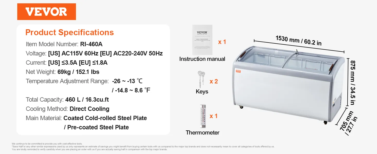 VEVOR ice cream display freezer specifications: 460l capacity, direct cooling, -26°c to -13°c temperature range.