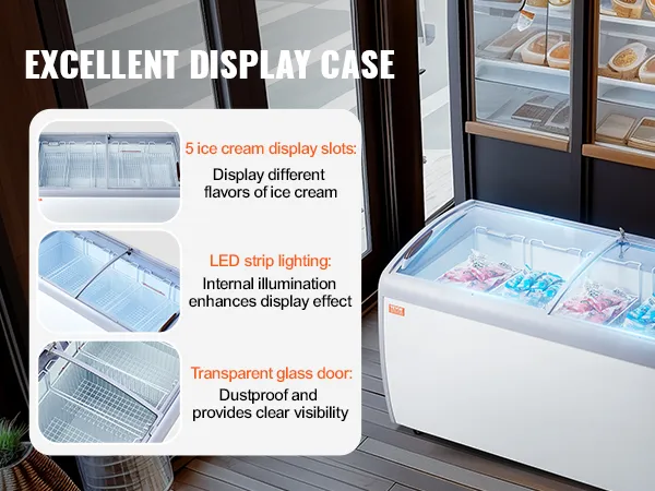 VEVOR ice cream display freezer with 5 slots, led lighting, and transparent glass door for clear visibility.