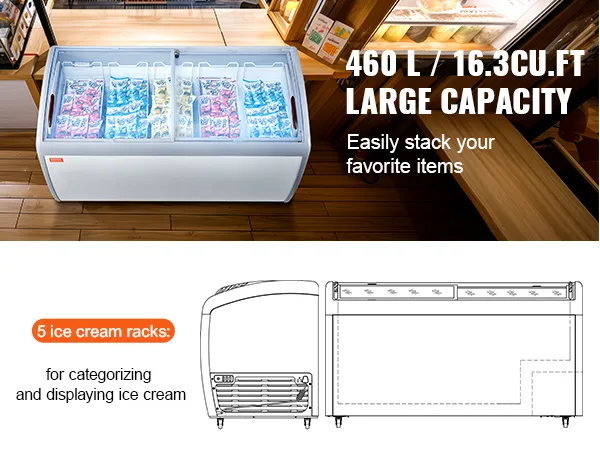 VEVOR ice cream display freezer, 460l capacity, 5 racks for easy ice cream categorization and display.