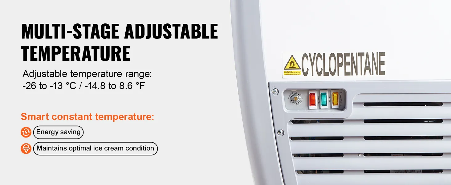 multi-stage adjustable temperature VEVOR ice cream display freezer with energy-saving cyclopentane.