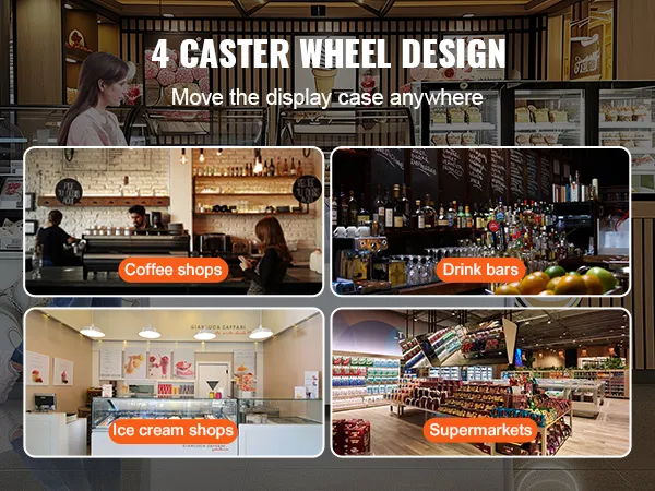 VEVOR ice cream display freezer with 4 caster wheels, suitable for coffee shops, drink bars, and supermarkets.