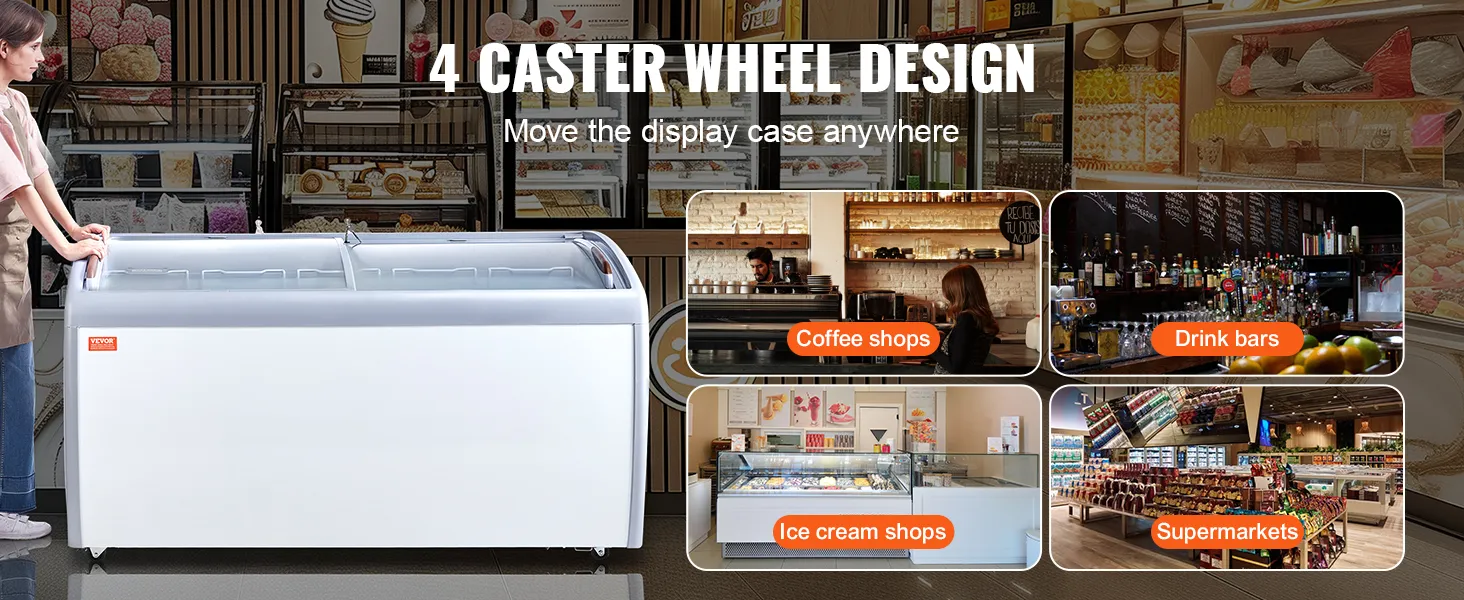 VEVOR ice cream display freezer with 4 caster wheels, suitable for coffee shops, drink bars, and supermarkets.