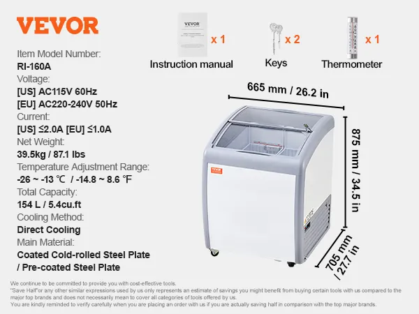 VEVOR ice cream display freezer: 154l capacity, -26 to -13°c, 39.5kg, direct cooling, includes keys and thermometer.