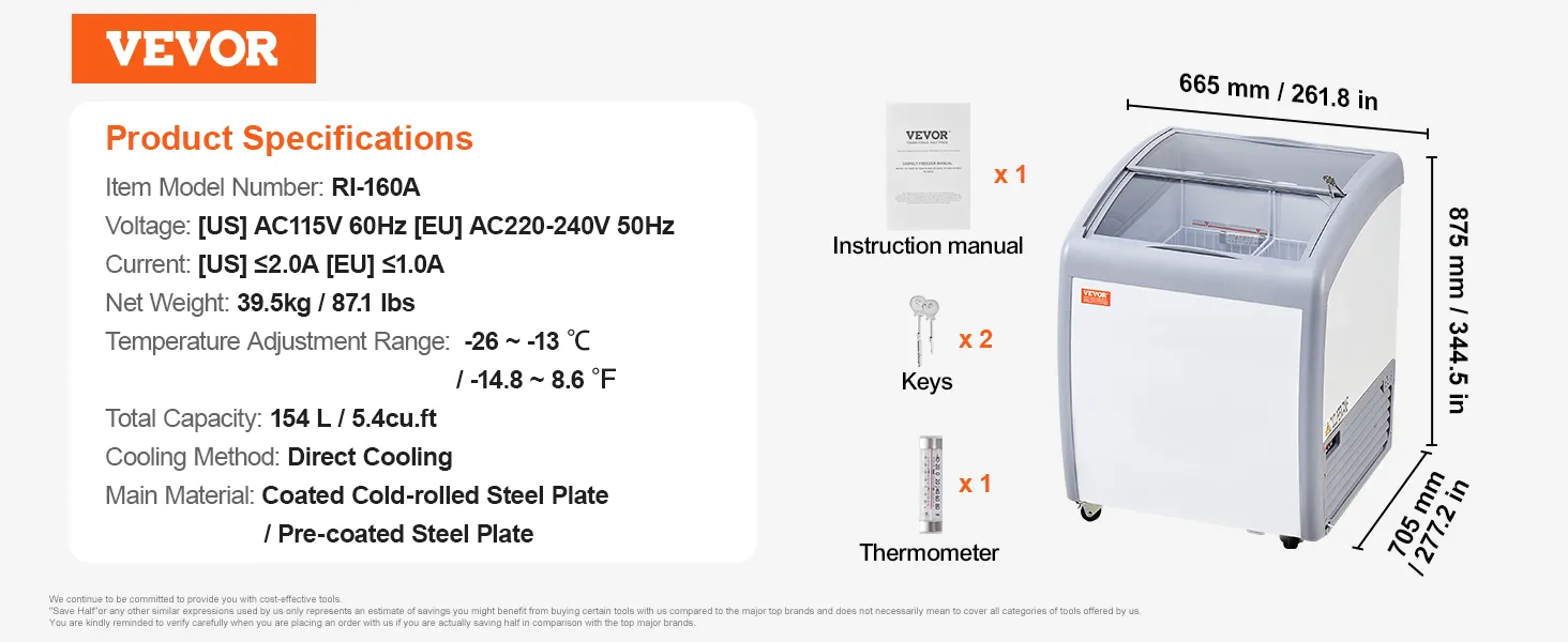 VEVOR ice cream display freezer: 154l capacity, -26 to -13°c, 39.5kg, direct cooling, includes keys and thermometer.