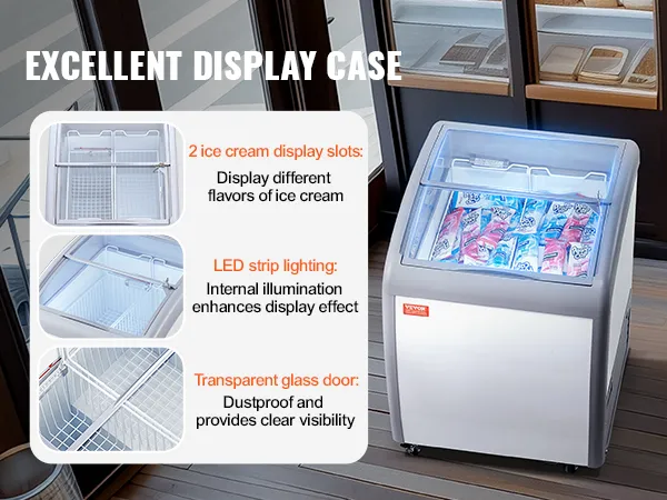 VEVOR ice cream display freezer with led lighting, transparent glass door, and 2 ice cream display slots.