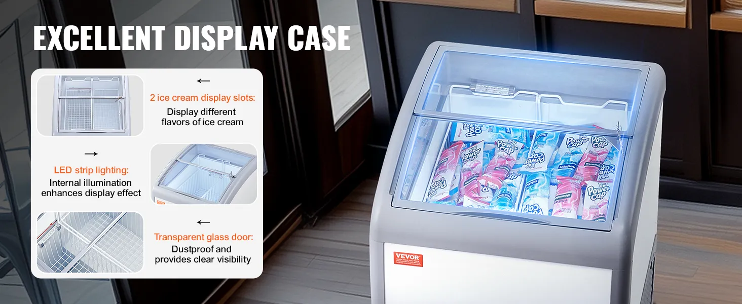 VEVOR ice cream display freezer with led lighting, transparent glass door, and 2 ice cream display slots.