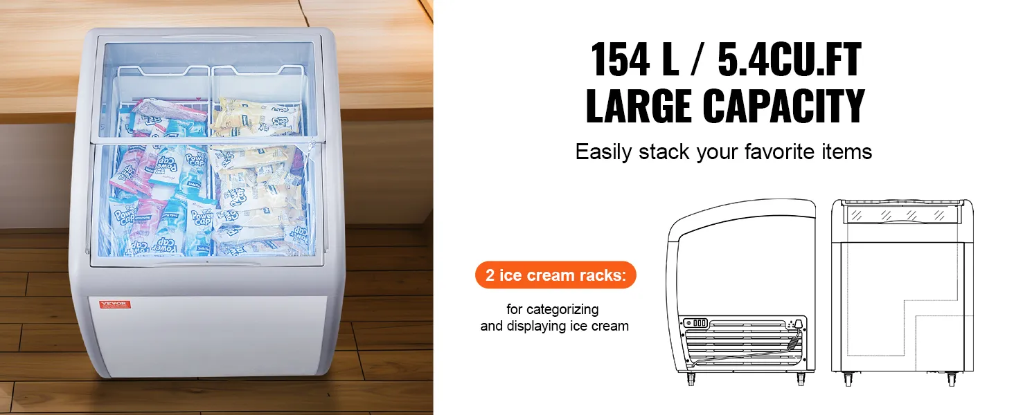 VEVOR ice cream display freezer with 154l capacity, featuring two ice cream racks for easy organization.