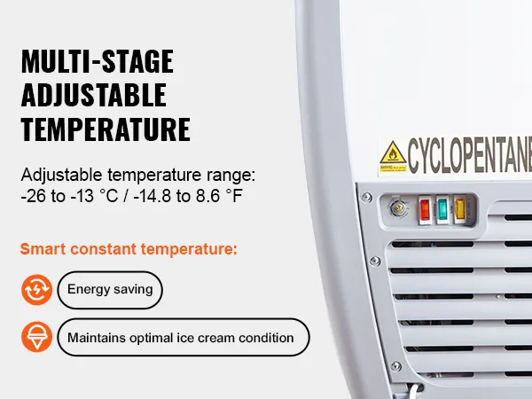 multi-stage adjustable temperature VEVOR ice cream display freezer for energy-saving and optimal condition.