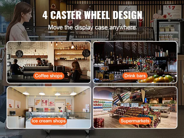 VEVOR ice cream display freezer with caster wheels for coffee shops, drink bars, ice cream shops, and supermarkets.