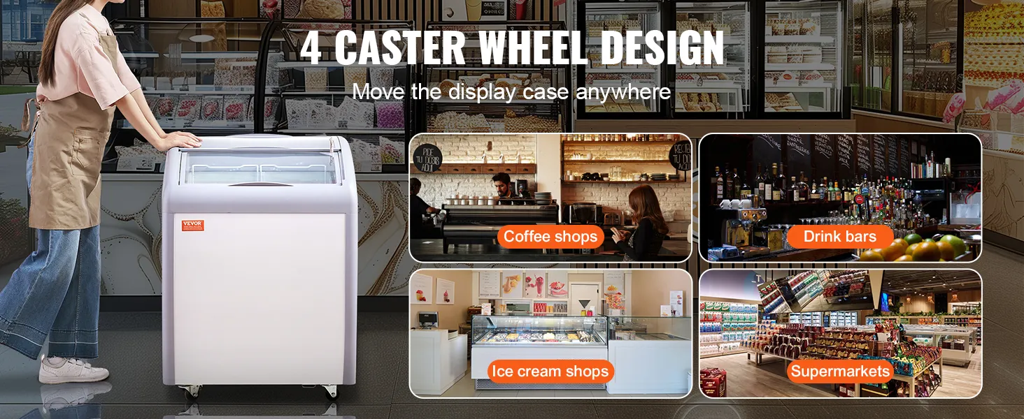 VEVOR ice cream display freezer with caster wheels for coffee shops, drink bars, ice cream shops, and supermarkets.
