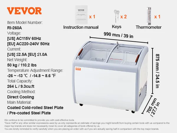 VEVOR ice cream displaycase with 264l capacity, temperature range -26 to -13°c, includes keys and thermometer.