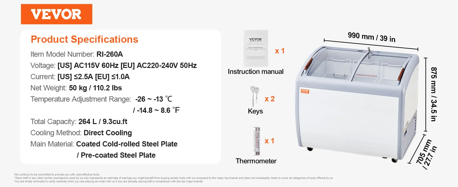 VEVOR ice cream displaycase with 264l capacity, temperature range -26 to -13°c, includes keys and thermometer.