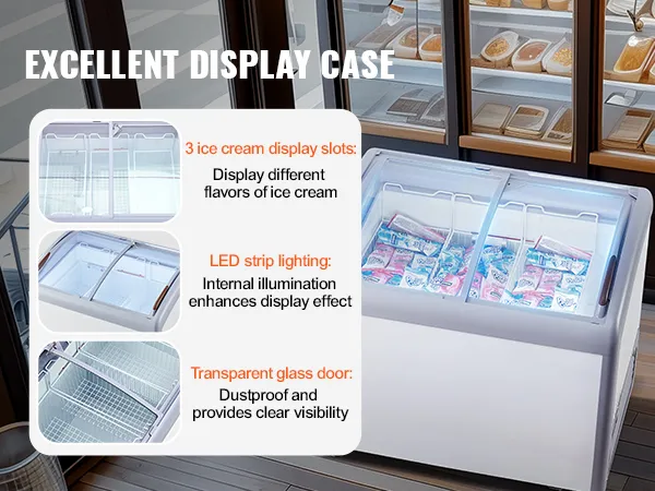 VEVOR ice cream display case featuring 3 display slots, led lighting, and transparent glass doors.