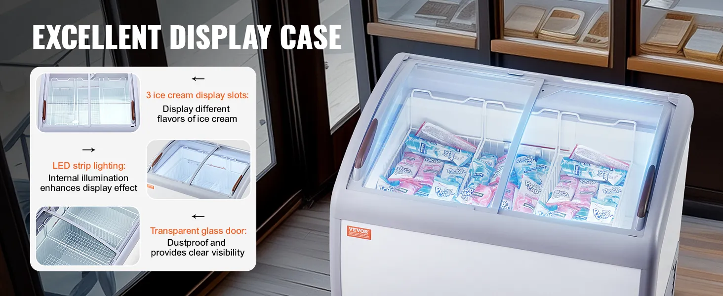 VEVOR ice cream display case featuring 3 display slots, led lighting, and transparent glass doors.