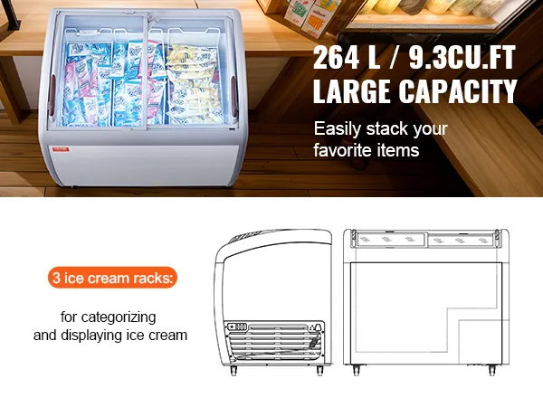 VEVOR ice cream displaycase with 264l capacity and three ice cream racks for easy organization.