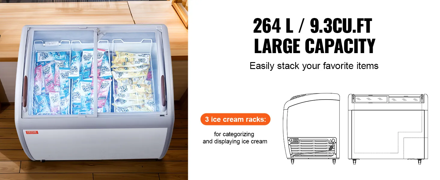 VEVOR ice cream displaycase with 264l capacity and three ice cream racks for easy organization.