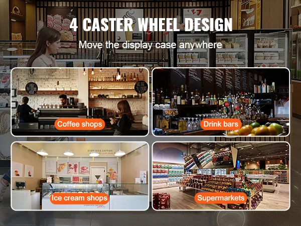 VEVOR ice cream displaycase with caster wheels for coffee shops, drink bars, ice cream shops, and supermarkets.