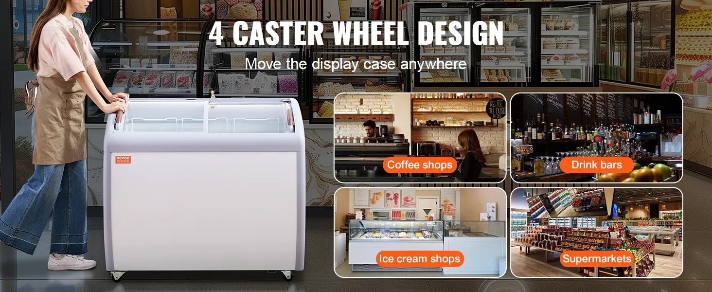VEVOR ice cream displaycase with caster wheels for coffee shops, drink bars, ice cream shops, and supermarkets.