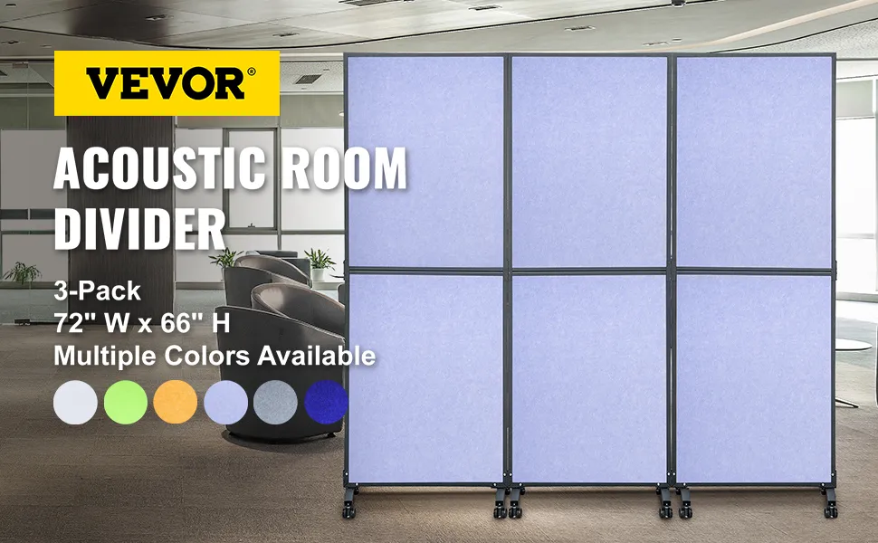 VEVOR acoustic room divider 3-pack, 72"w x 66"h, multiple colors, modern office setting.