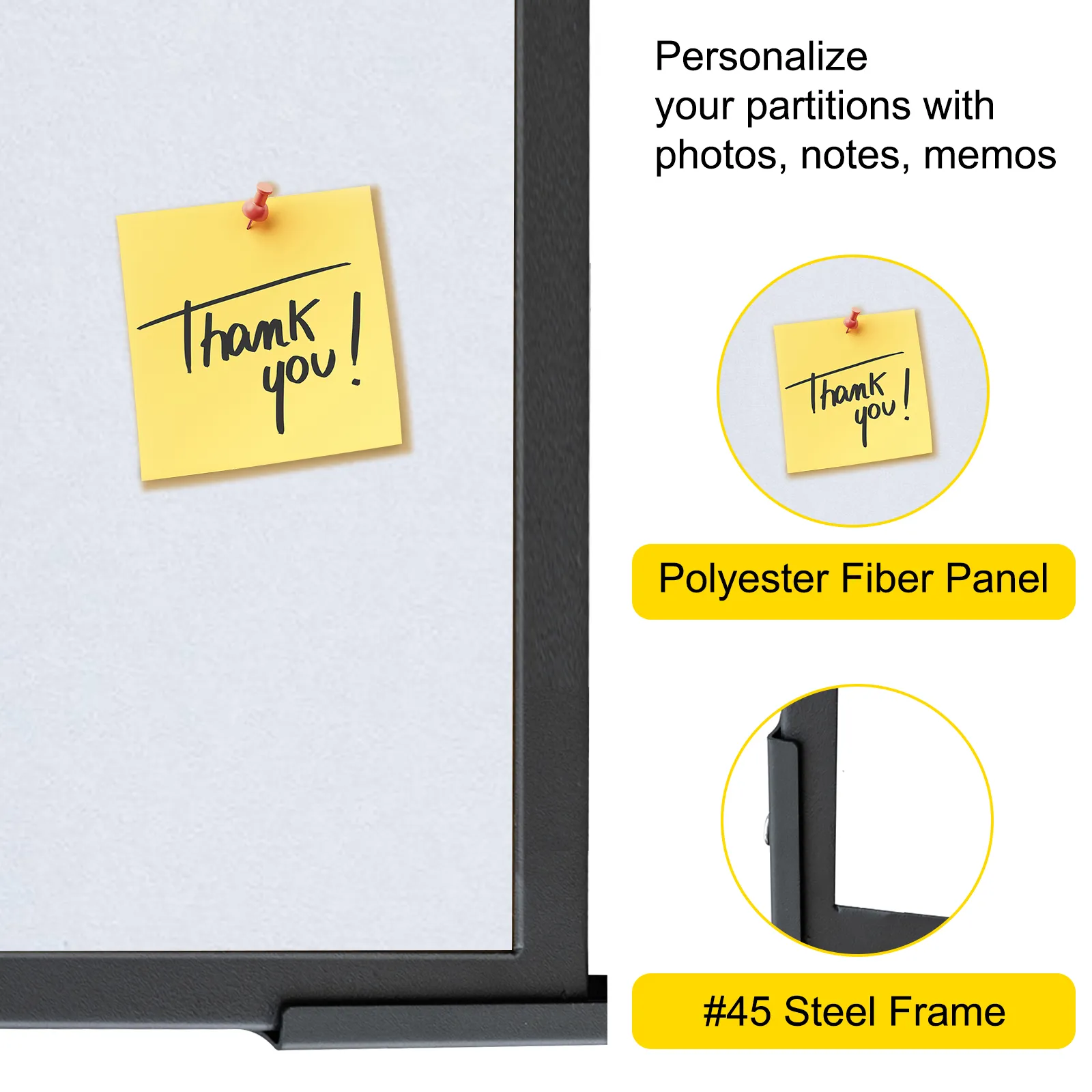 yellow sticky note on VEVOR acoustic room divider with polyester fiber panel and steel frame.