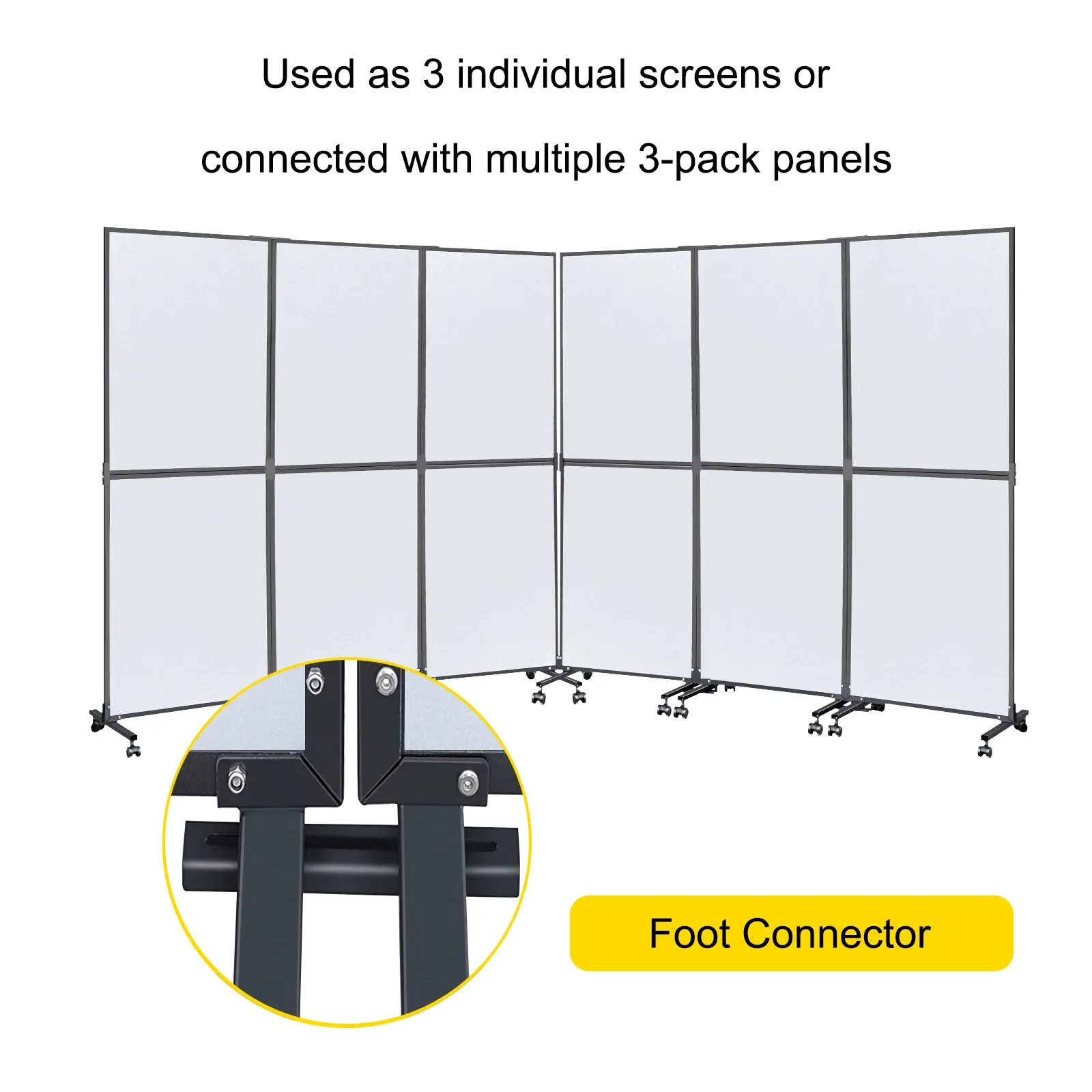 VEVOR acoustic room divider showing 3-pack panels, foot connector highlighted.