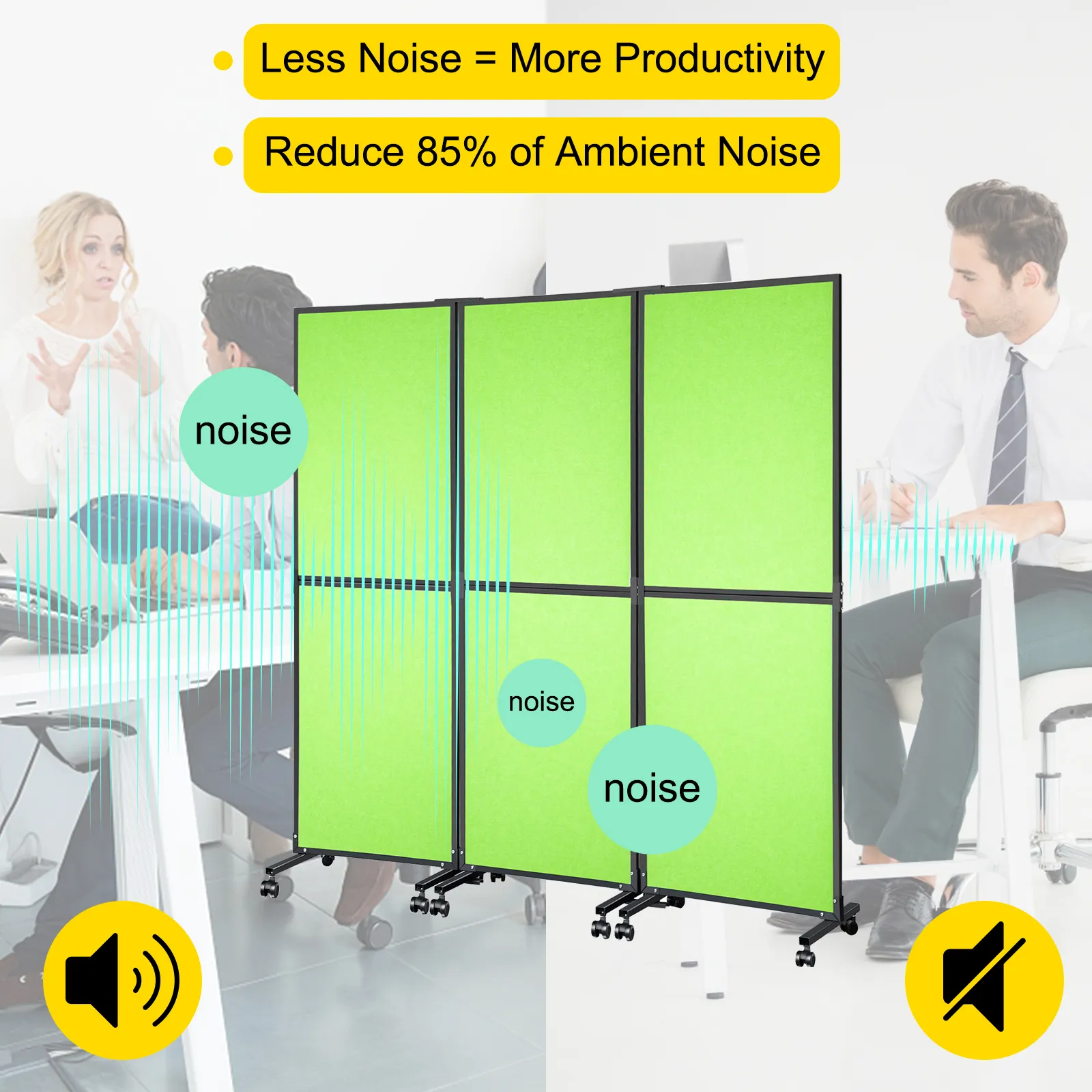 Il divisorio acustico VEVOR riduce il rumore ambientale in un ambiente d'ufficio molto frequentato.