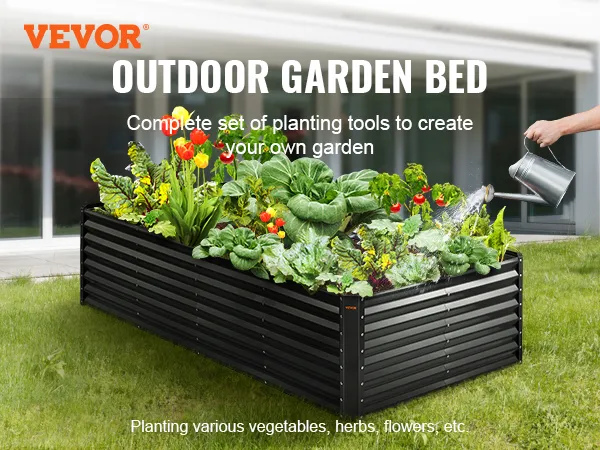 VEVOR garden bed filled with colorful vegetables and flowers, being watered outdoors near a house.