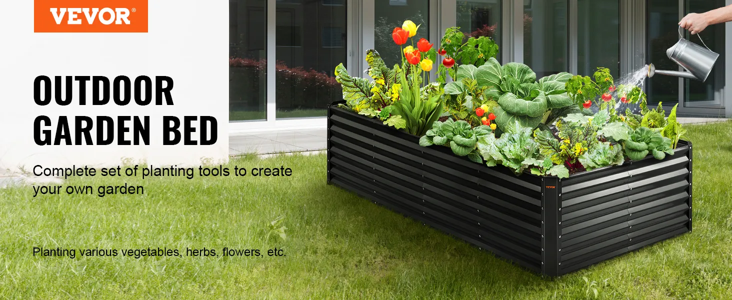 VEVOR garden bed filled with colorful vegetables and flowers, being watered outdoors near a house.