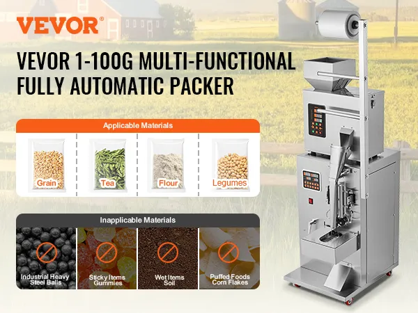 VEVOR particle packaging machine for grains, tea, flour, and legumes with automatic features.