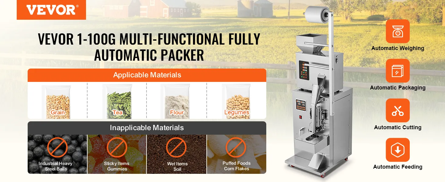 VEVOR particle packaging machine for grains, tea, flour, and legumes with automatic features.