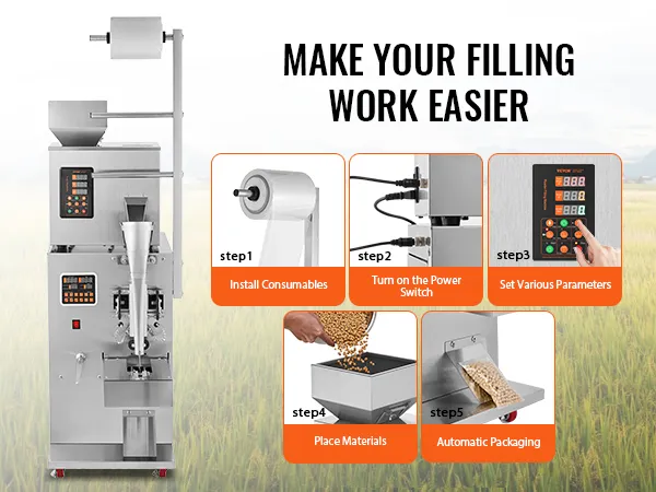 VEVOR particle packaging machine with step-by-step instructions: install, power on, set, place, and automatic packaging.