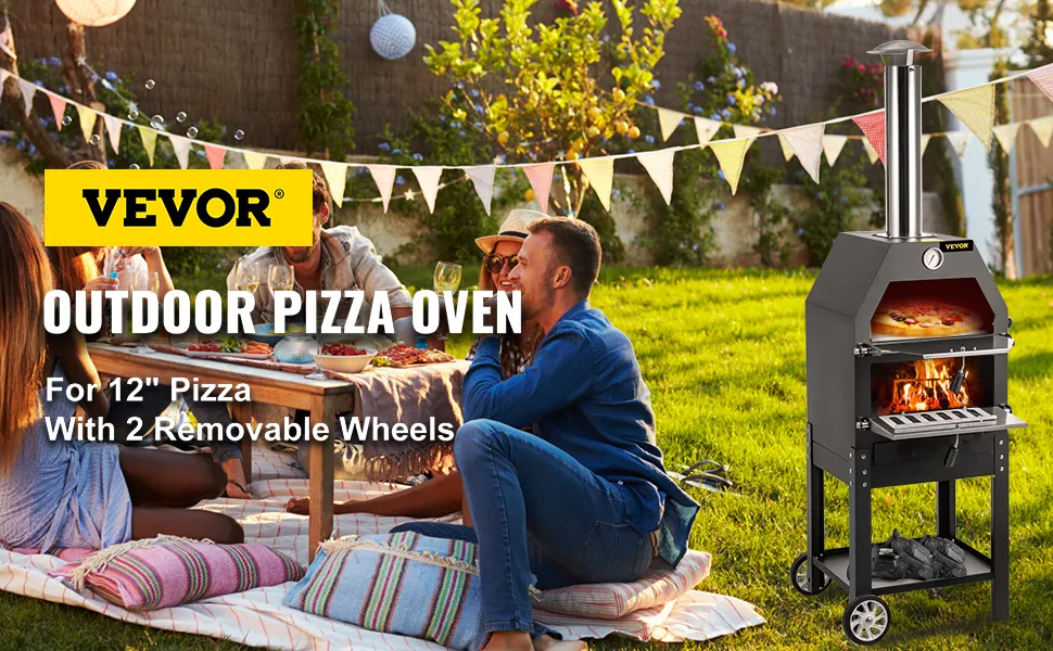 VEVOR outdoor pizza oven in a backyard with people enjoying food and drinks.