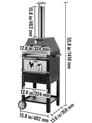 VEVOR outdoor pizza oven dimensions and features including chimney and wheels.