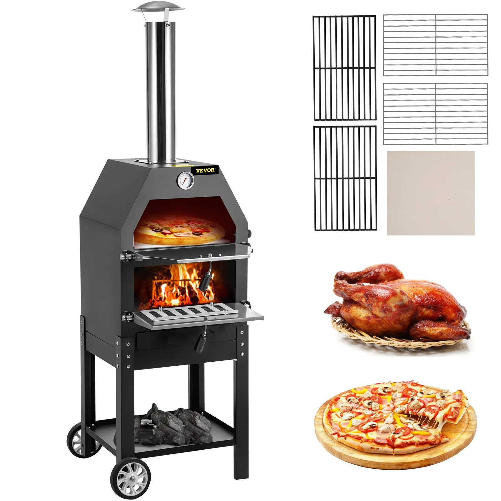 VEVOR outdoor pizza oven with pizza, roasted chicken, grill racks, and firewood.