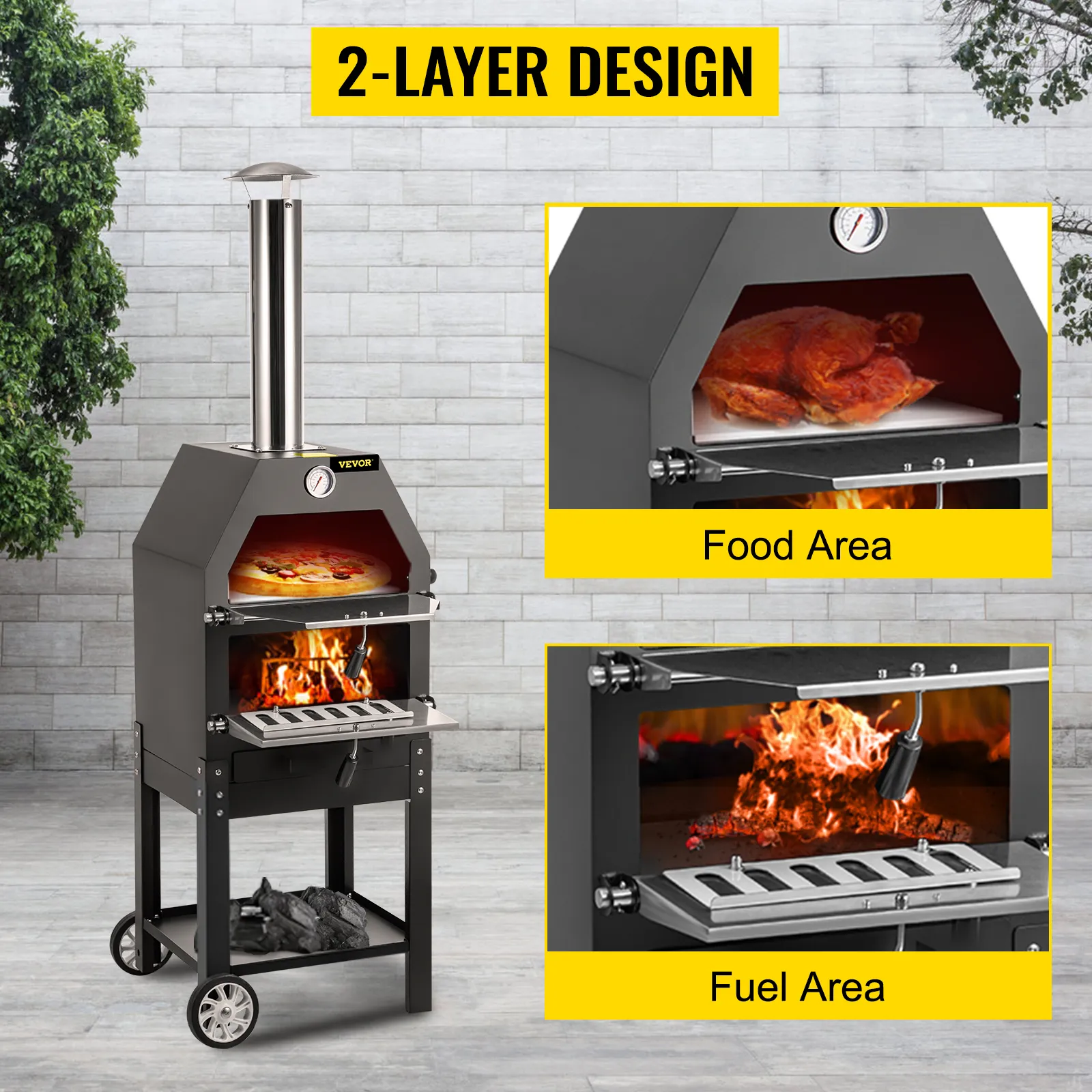 VEVOR outdoor pizza oven with 2-layer design showcasing food and fuel areas.