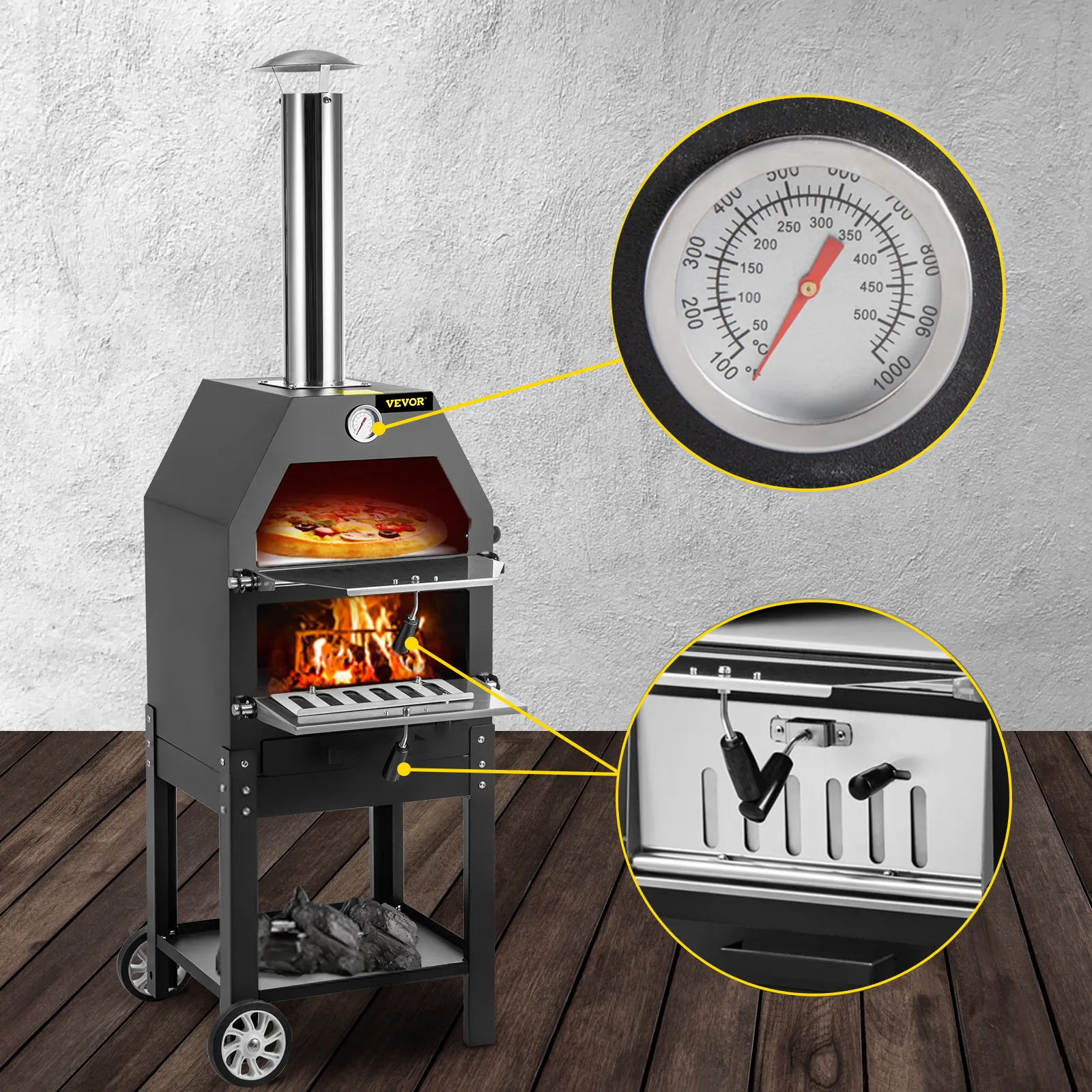 VEVOR outdoor pizza oven with built-in thermometer, wood-fired flame, and adjustable vents.
