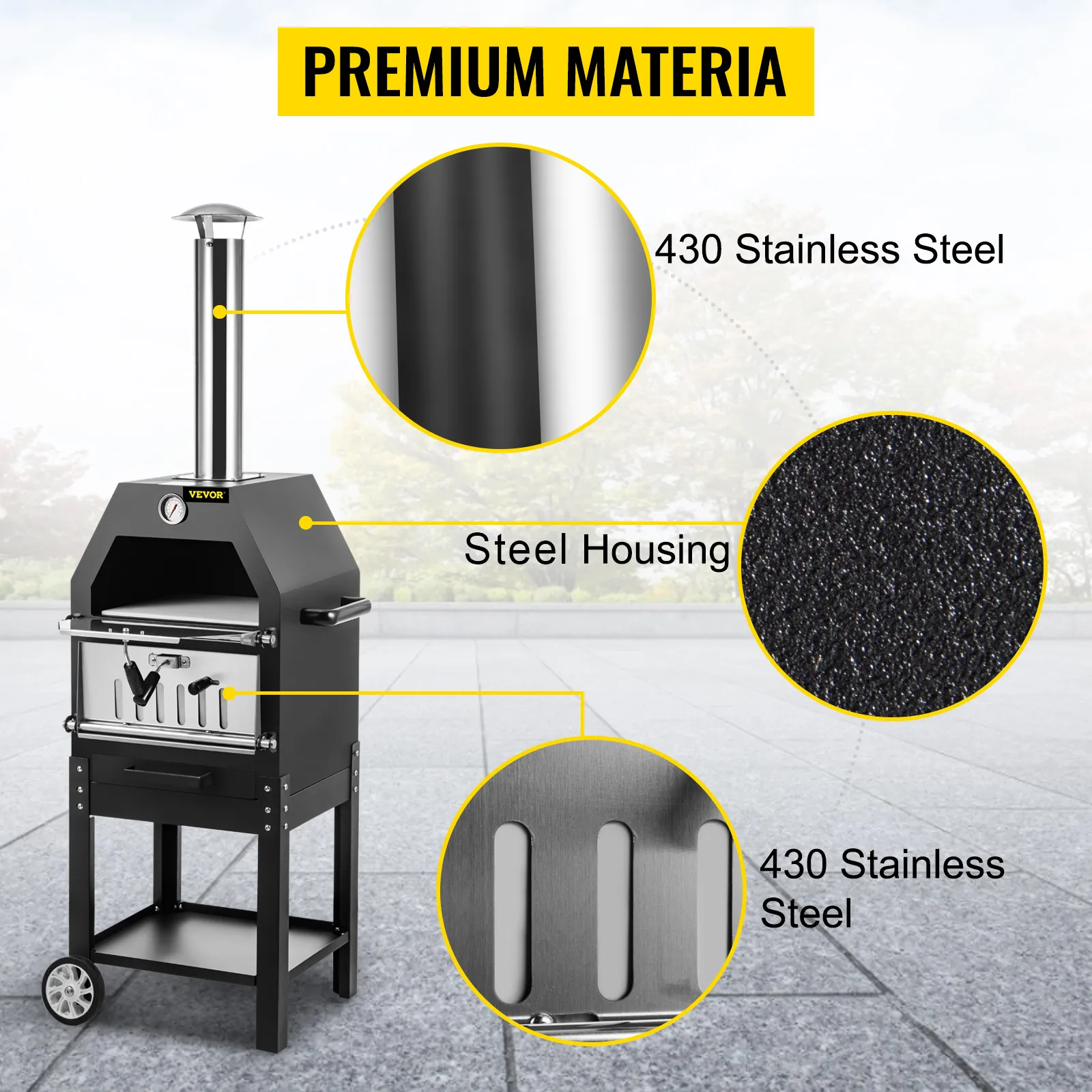 VEVOR outdoor pizza oven with 430 stainless steel housing and durable premium materials.