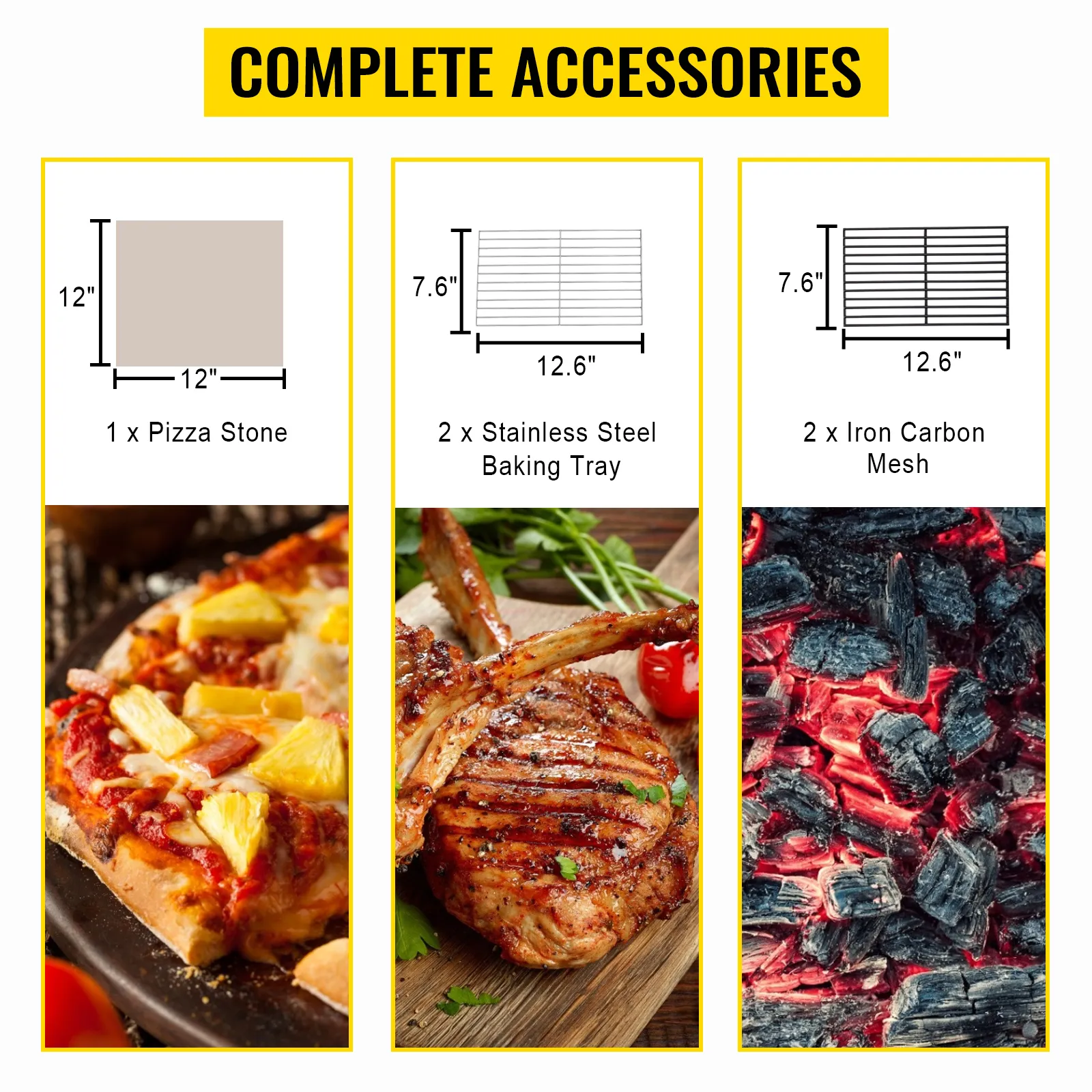 complete accessories for VEVOR outdoor pizza oven: pizza stone, baking tray, carbon mesh.